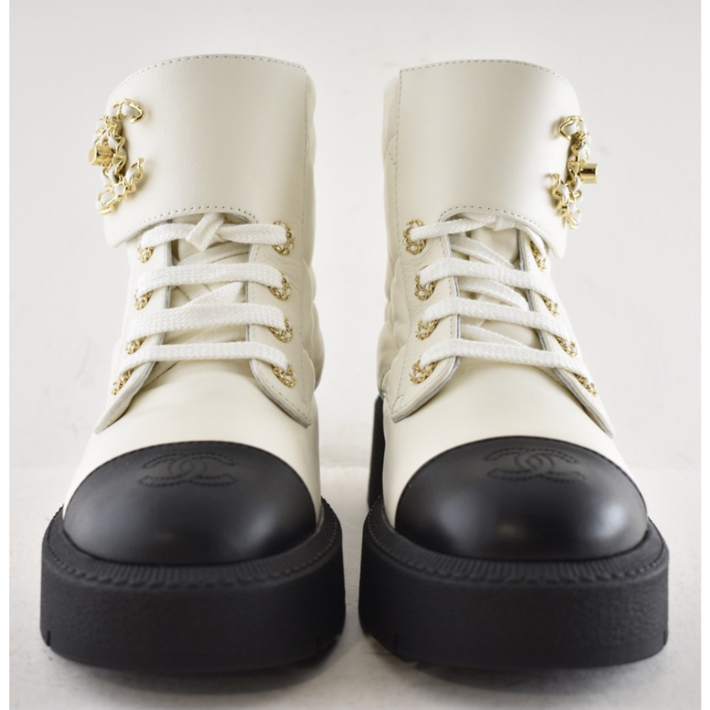 Chanel 24B White Quilt Gold CC Chain Combat Black Platform Ankle Short Boots 37c - Picture 13 of 16